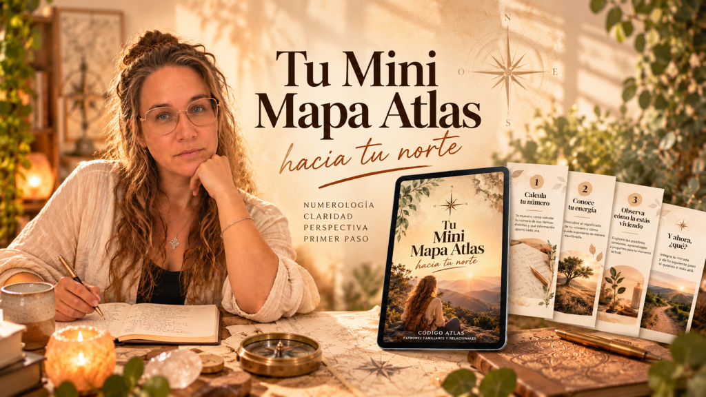 Tu Mini Mapa Atlas: hacia tu norte — Iris Kalcker y mockup del mini mapa con sus 4 tarjetas